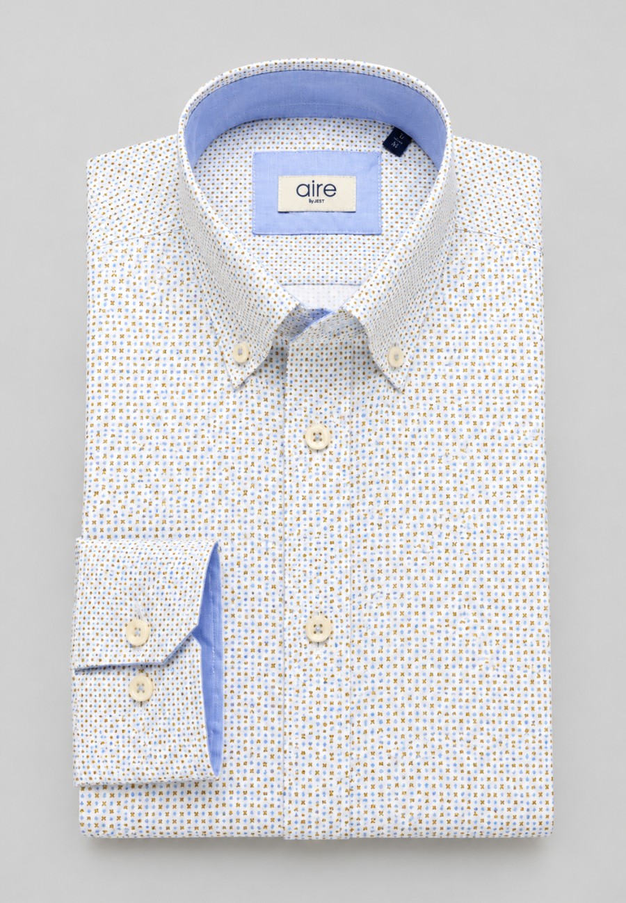 Camisa oxford de sastrería hecha a mano estampado celeste y camel