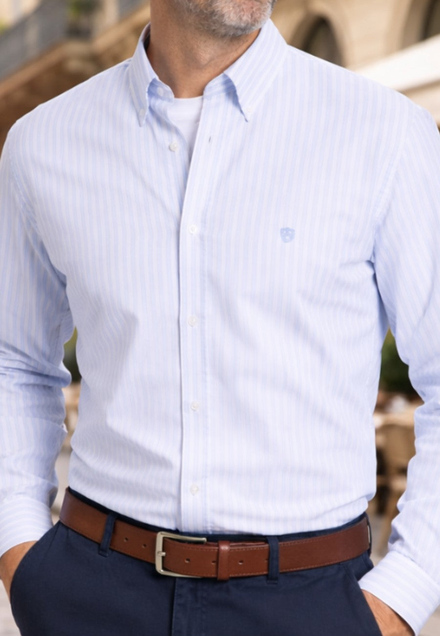 Camisa casual de hombre en dobles rayas celeste