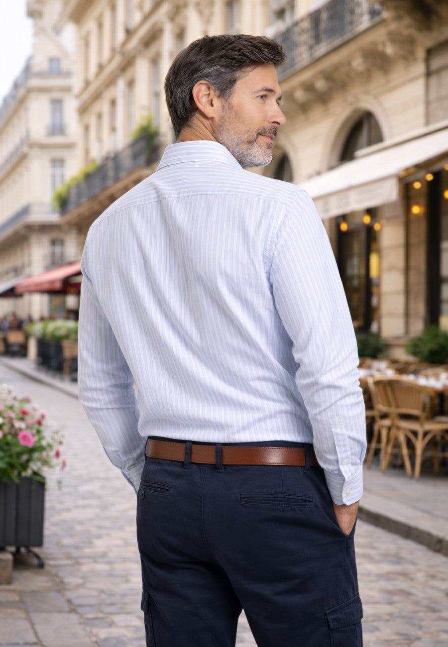 Camisa casual de hombre en dobles rayas celeste