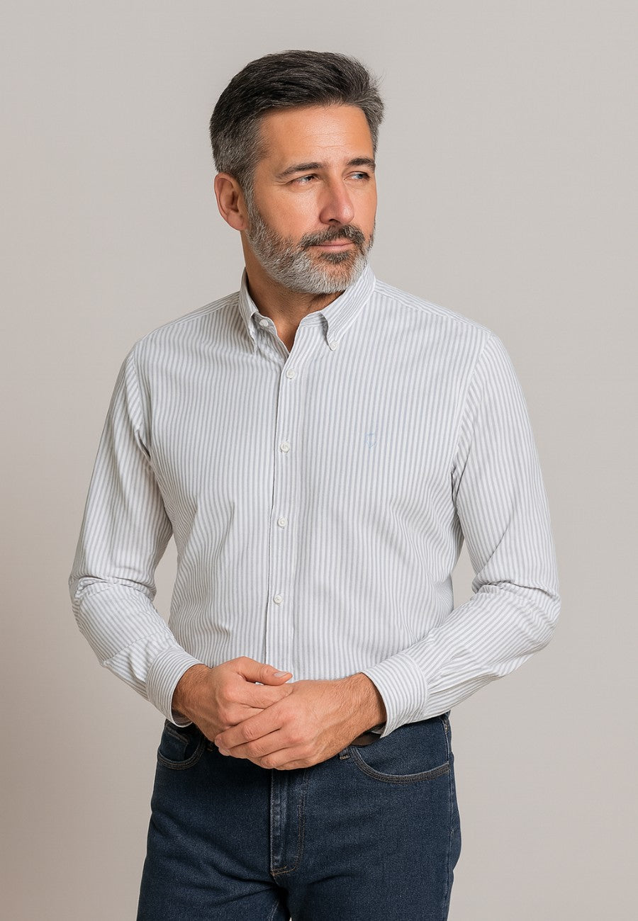 Camisa Oxford manga larga de hombre en color raya gris