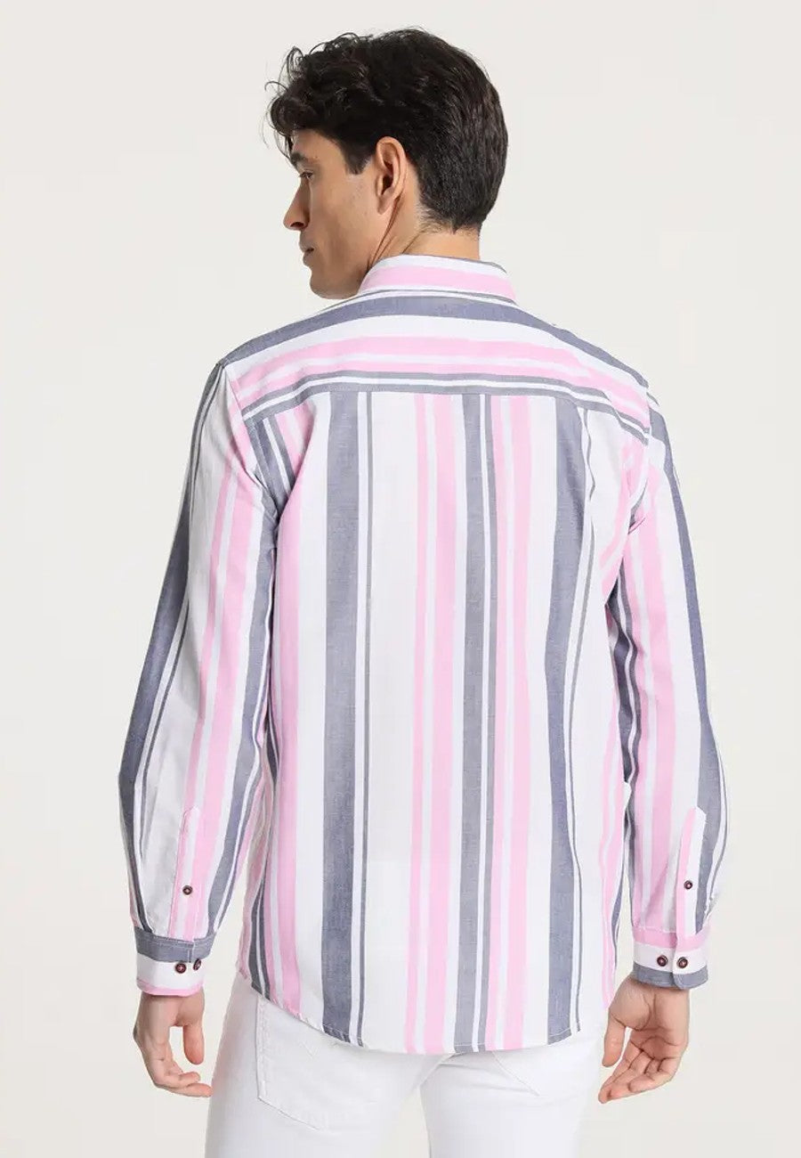 Camisa de hombre oxford de rayas estampadas manga larga