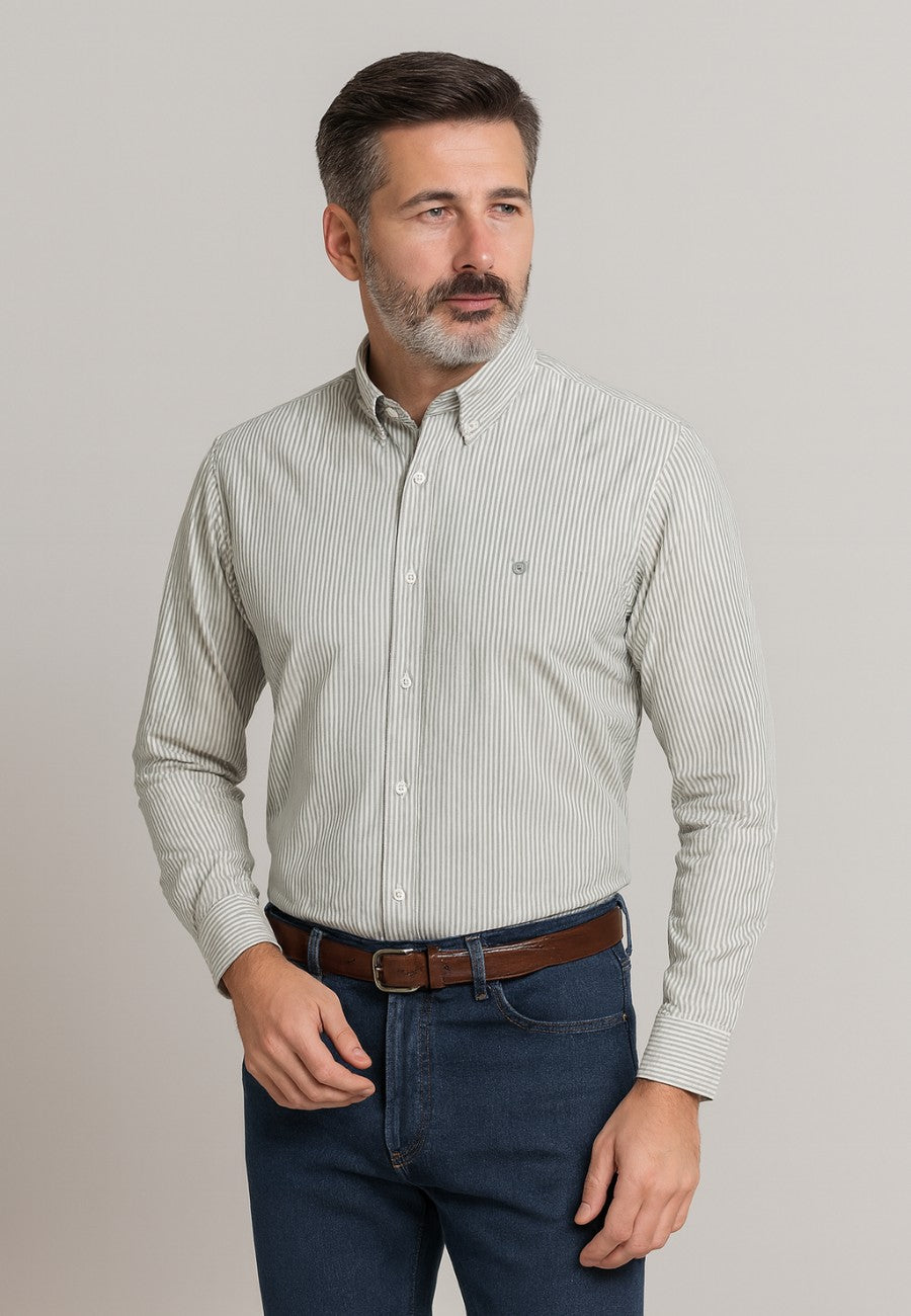 Camisa Oxford manga larga de hombre en color rayas verde
