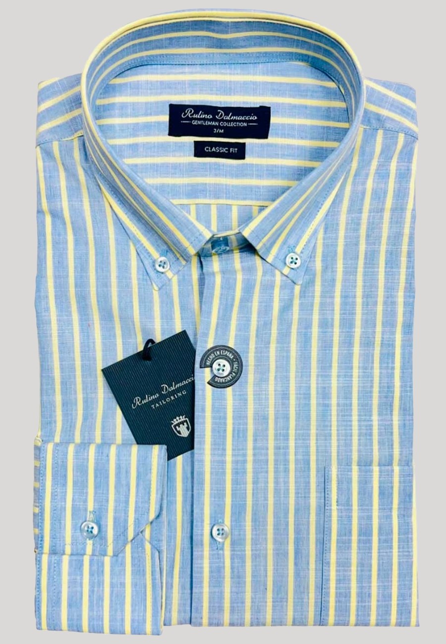 Camisa de algodón para hombre Fil à Fil Azul y Amarilla