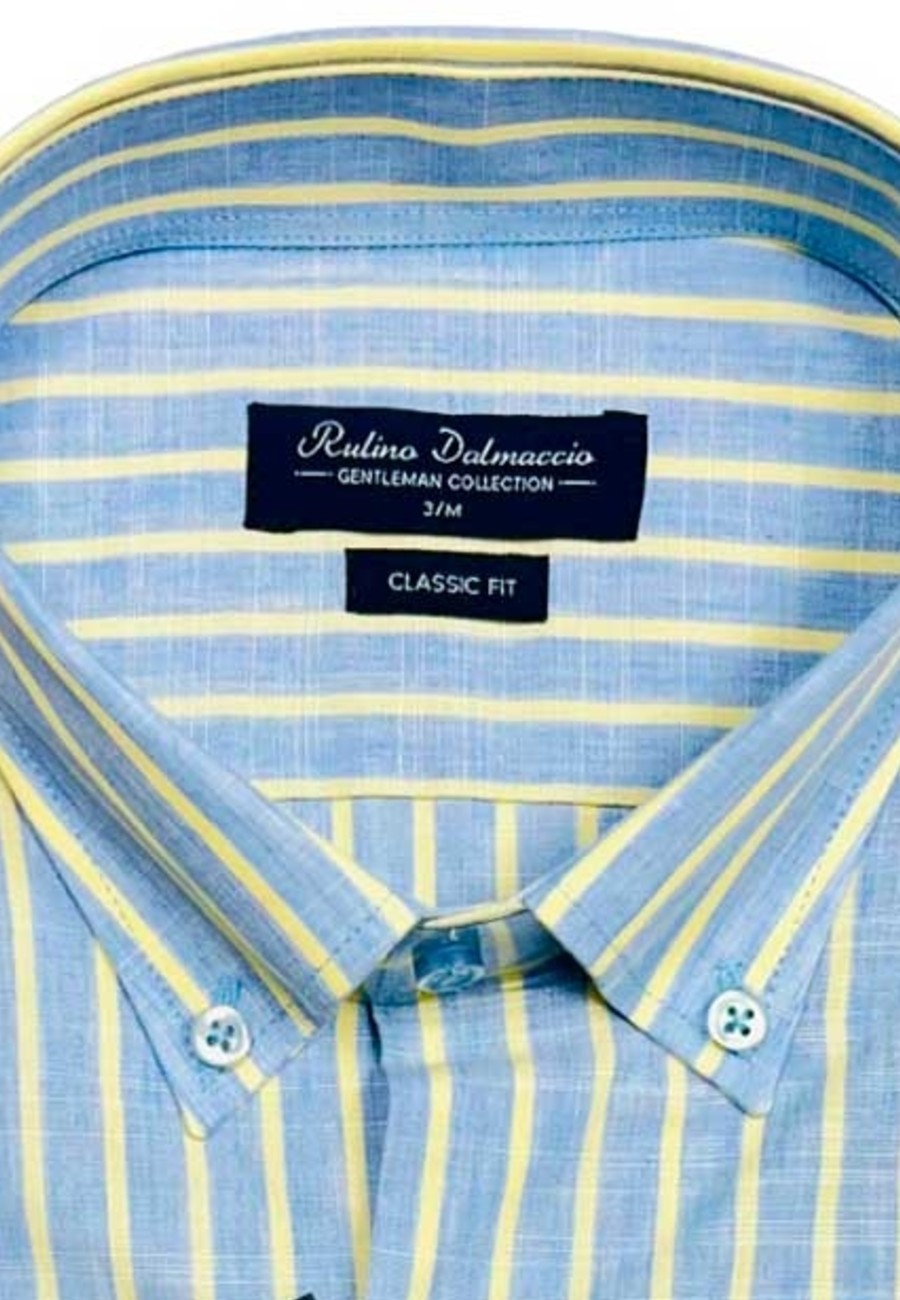 Camisa de algodón para hombre Fil à Fil Azul y Amarilla
