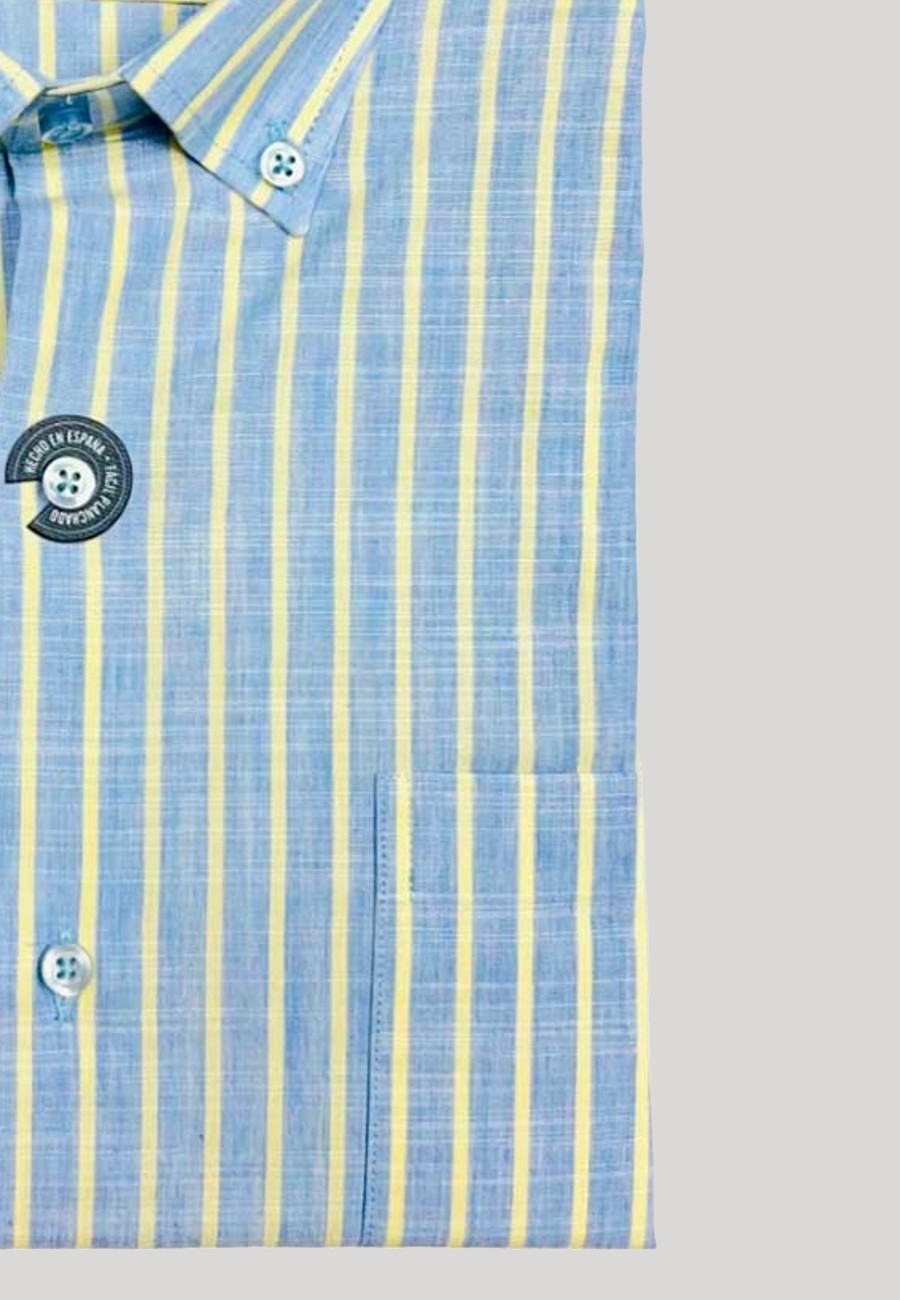 Camisa de algodón para hombre Fil à Fil Azul y Amarilla