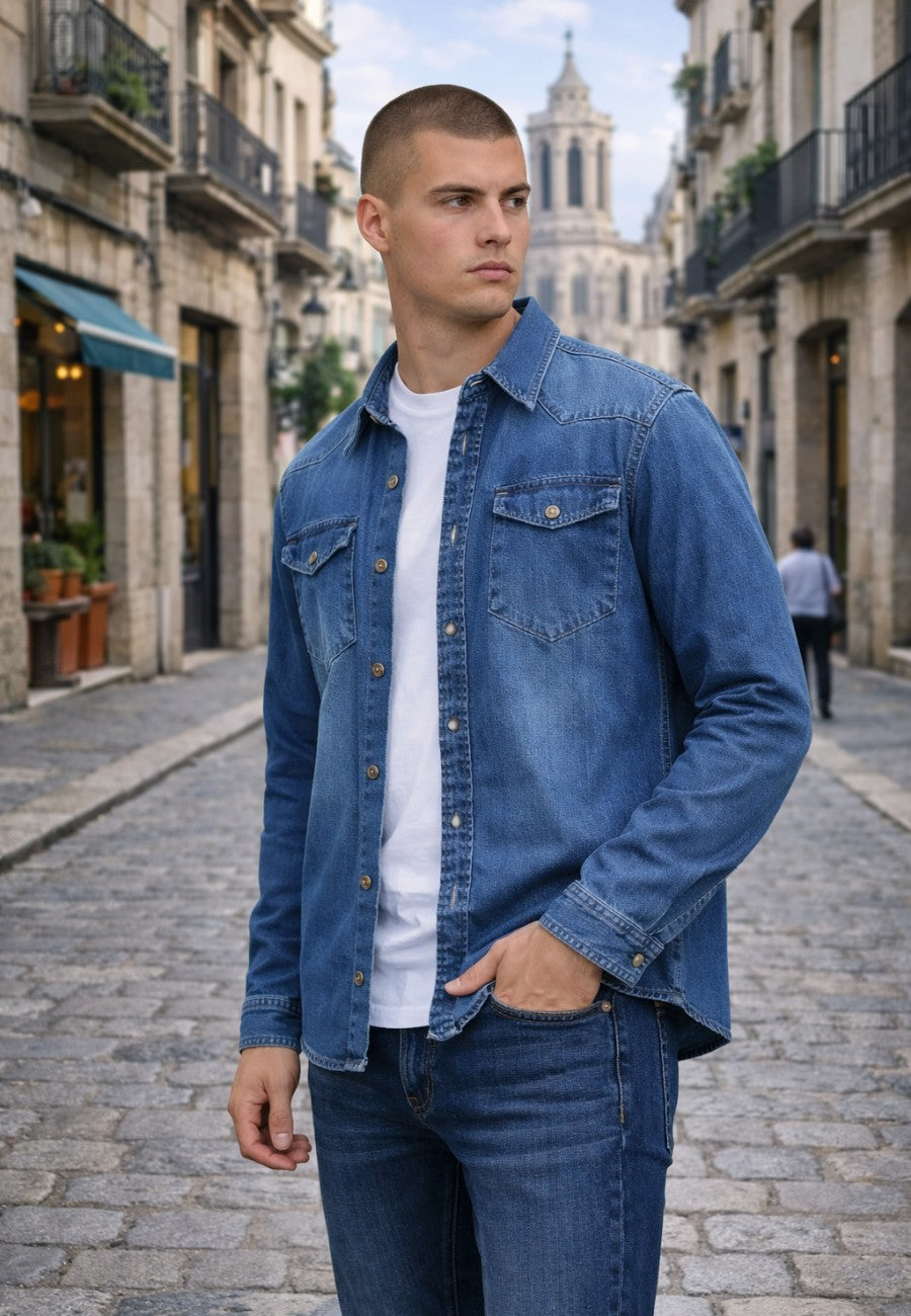 Camisa vaquera en corte recto de color azul Denim desgastado