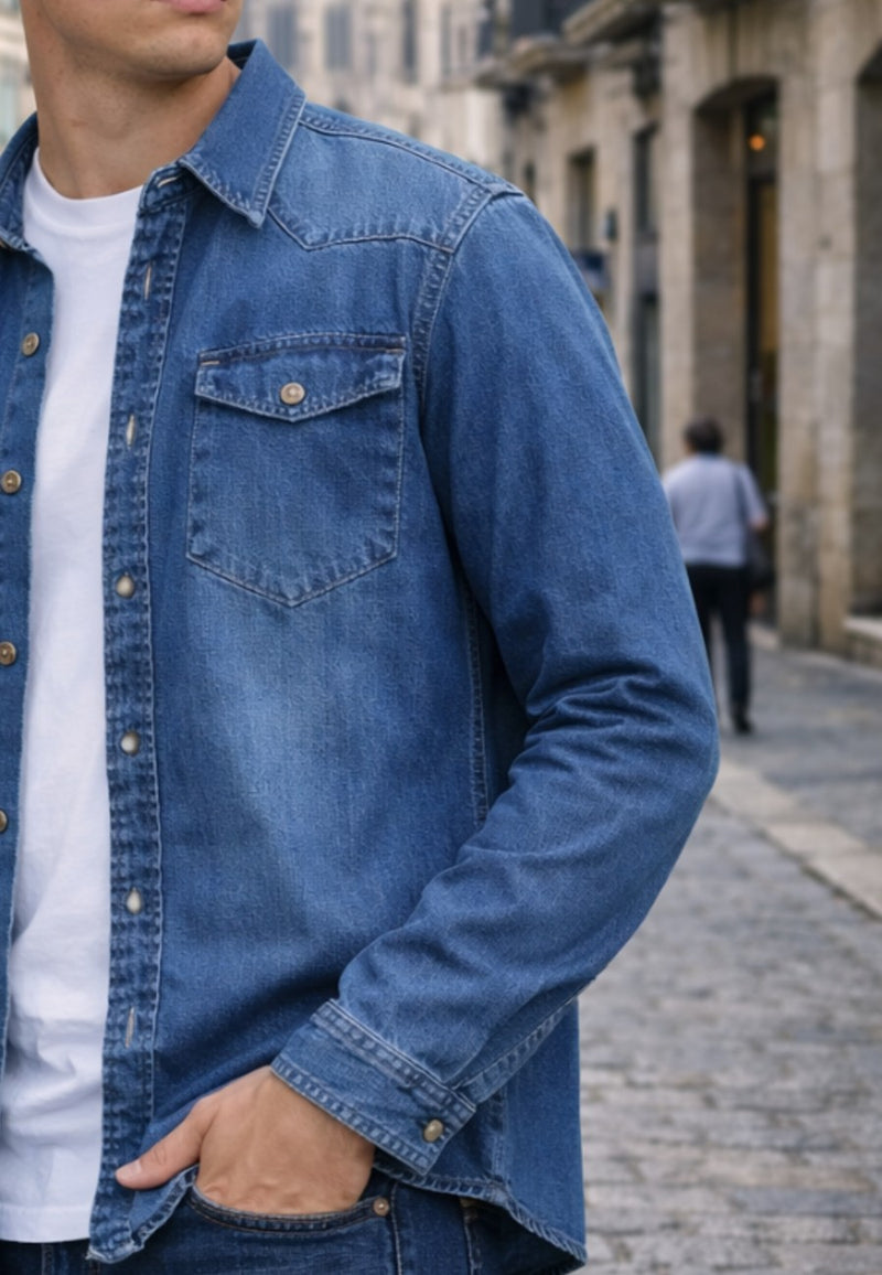 Camisa vaquera en corte recto de color azul Denim desgastado