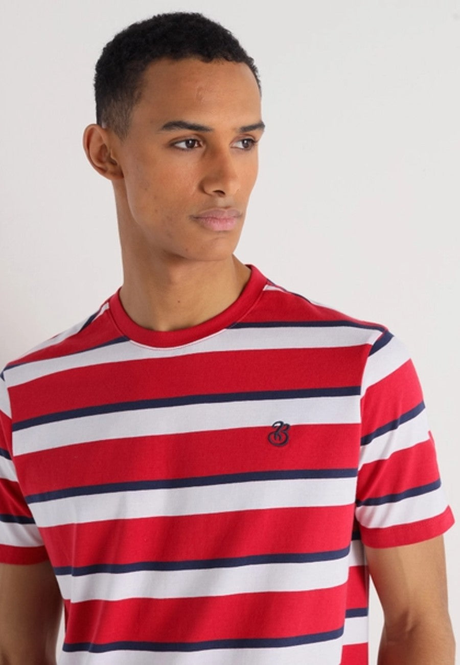 Camiseta de algodón de manga corta Roja con franjas de colores en testimu.com de T'estimu Moda