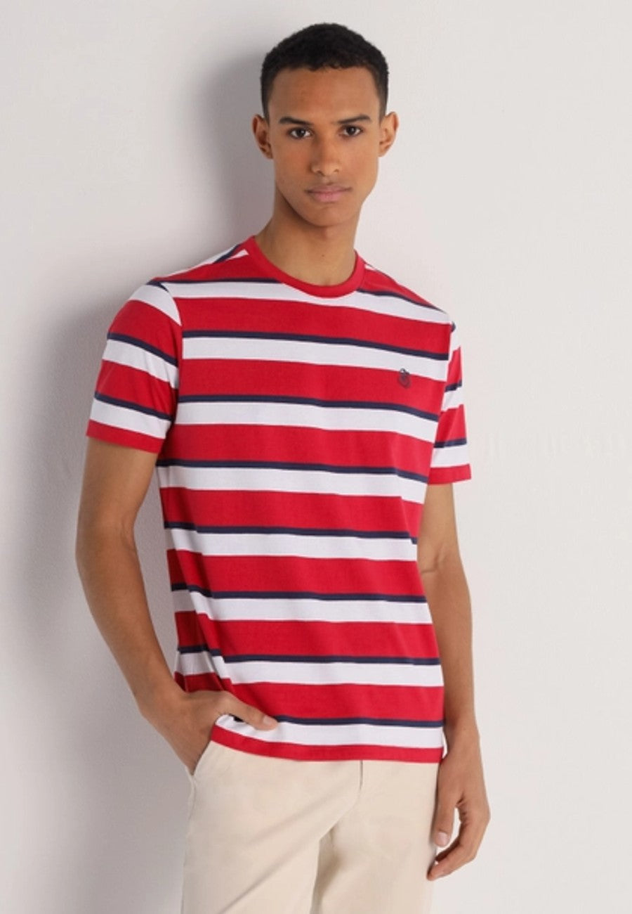 Camiseta de algodón de manga corta Roja con franjas de colores en testimu.com de T'estimu Moda