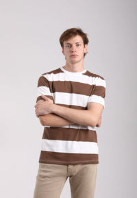 Camiseta manga corta para hombre de algodón a rayas crudas y marrones