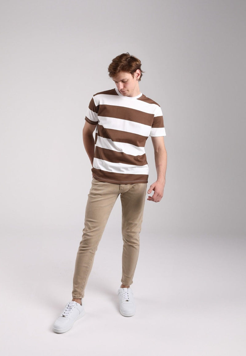 Camiseta manga corta para hombre de algodón a rayas crudas y marrones