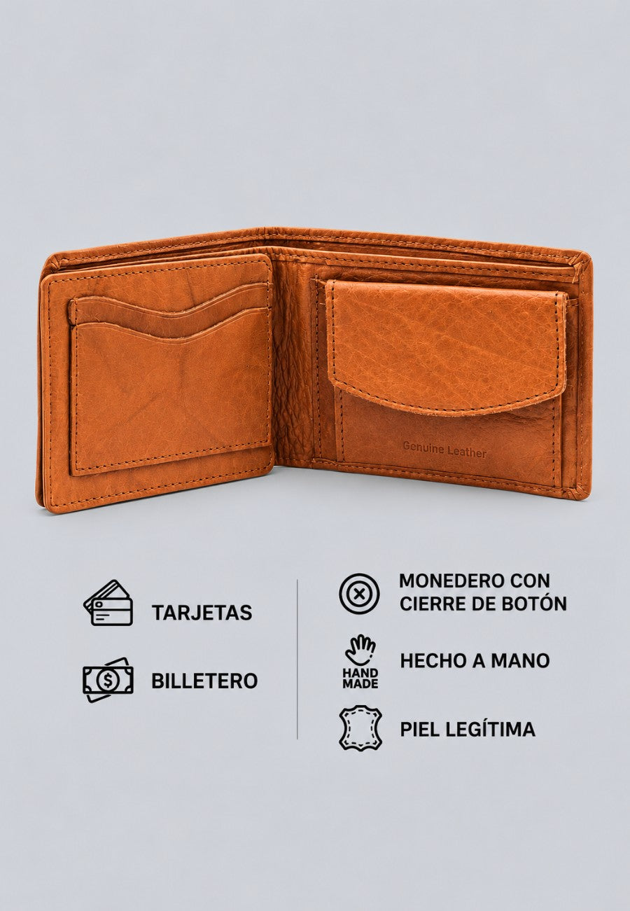 Cartera de cuero de color coñac con protección RFID