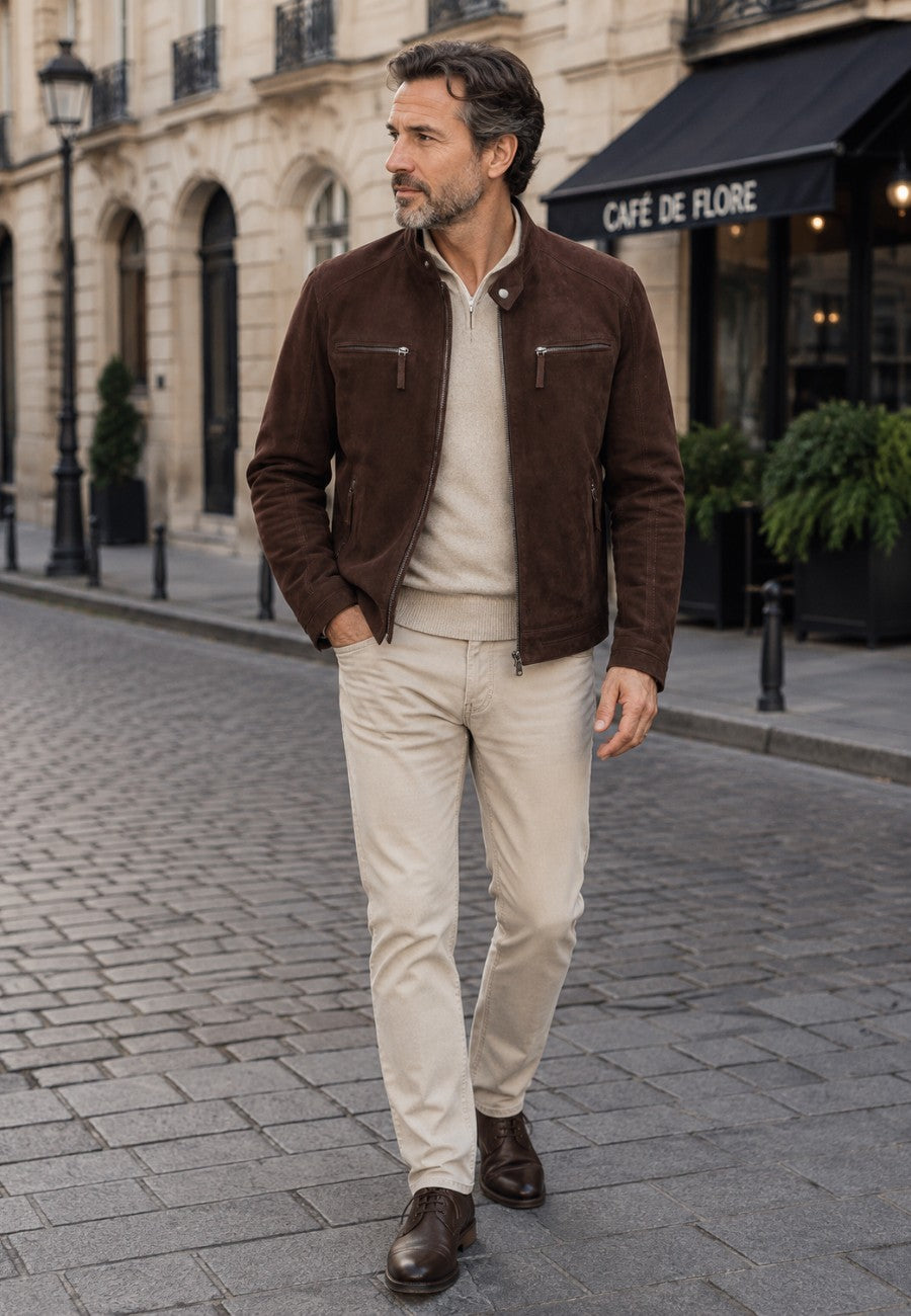 Chaqueta artesanal de ante modelo Potes – Marrón en ciudad Europea