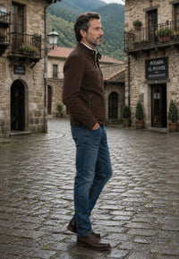Chaqueta artesanal de ante modelo Potes – Marrón en pueblo del norte de España y visto de perfil
