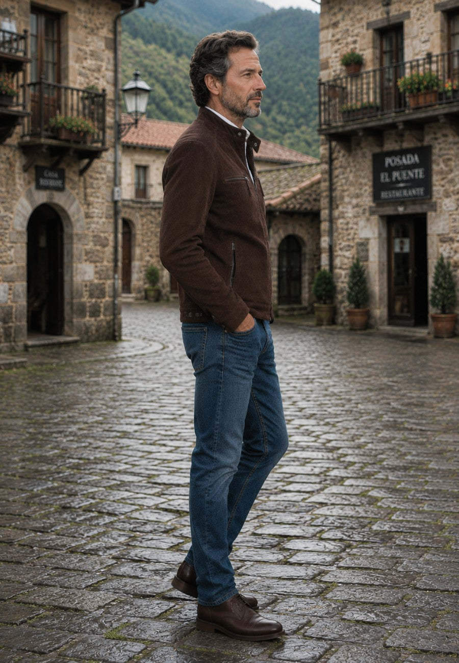 Chaqueta artesanal de ante modelo Potes – Marrón en pueblo del norte de España y visto de perfil