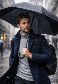 Paraguas plegable negro con mango de piel anti viento