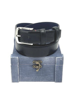 Cinturón de cuero azul oscuro con caja de madera, ideal para regalo
