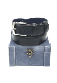 Cinturón de cuero azul oscuro con caja de madera, ideal para regalo