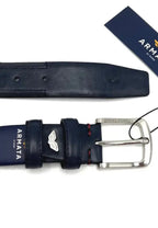 Cinturón de cuero azul oscuro con caja de madera, ideal para regalo