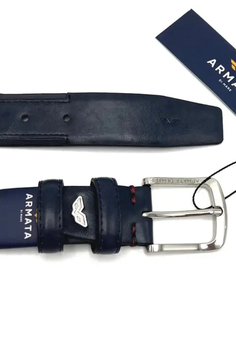 Cinturón de cuero azul oscuro con caja de madera, ideal para regalo