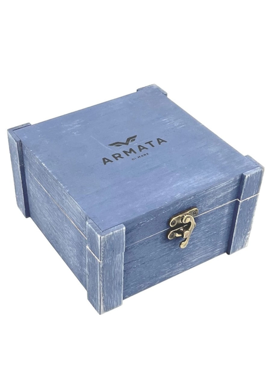 Cinturón de cuero azul oscuro con caja de madera, ideal para regalo