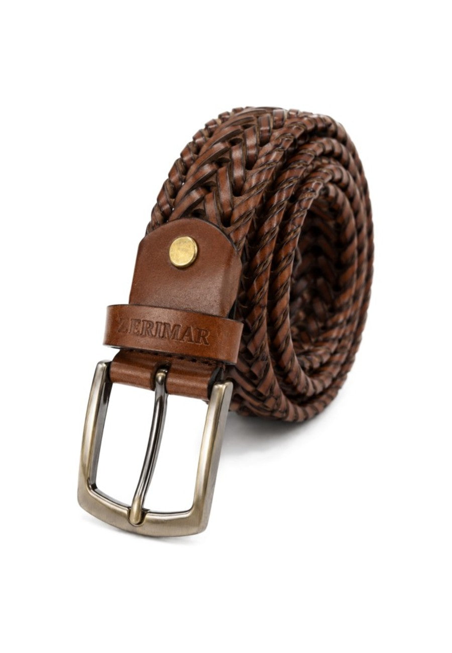 Cinturón de piel trenzado en color cuero para hombre