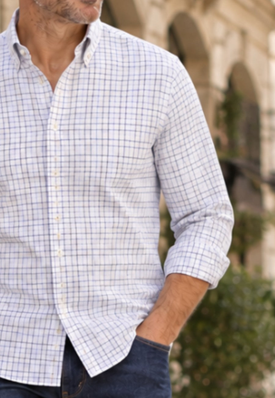 Camisa sport a cuadros azul y marrón de corte recto | T'estimu