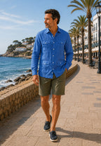 Camisa guayabera de sastrería en lino color azul mediterráneo - hasta la talla 6XL
