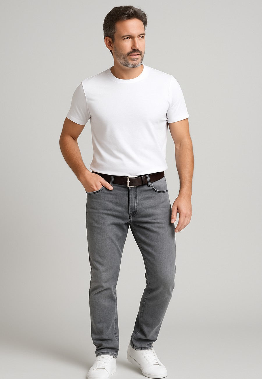 Pantalones tejanos elásticos semi entallado, Gris lavado (de tiro alto)