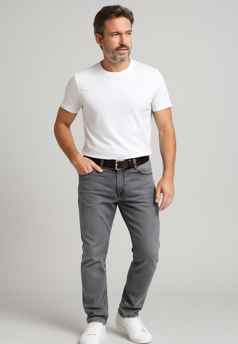 Pantalones tejanos elásticos semi entallado, Gris lavado (de tiro alto)