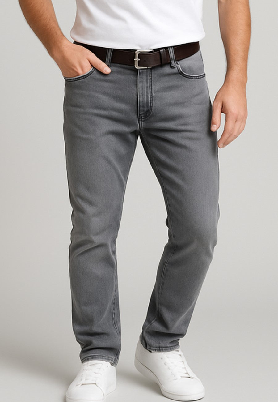 Pantalones tejanos elásticos semi entallado, Gris lavado (de tiro alto)