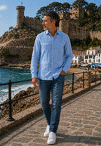 Camisa guayabera de sastrería en lino color celeste - hasta la talla 6XL
