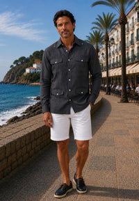 Camisa guayabera de sastrería en lino color gris marengo - hasta la talla 3XL