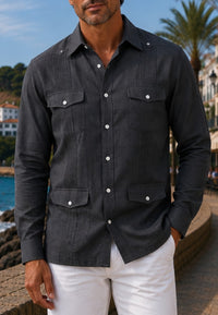 Camisa guayabera de sastrería en lino color gris marengo - hasta la talla 3XL