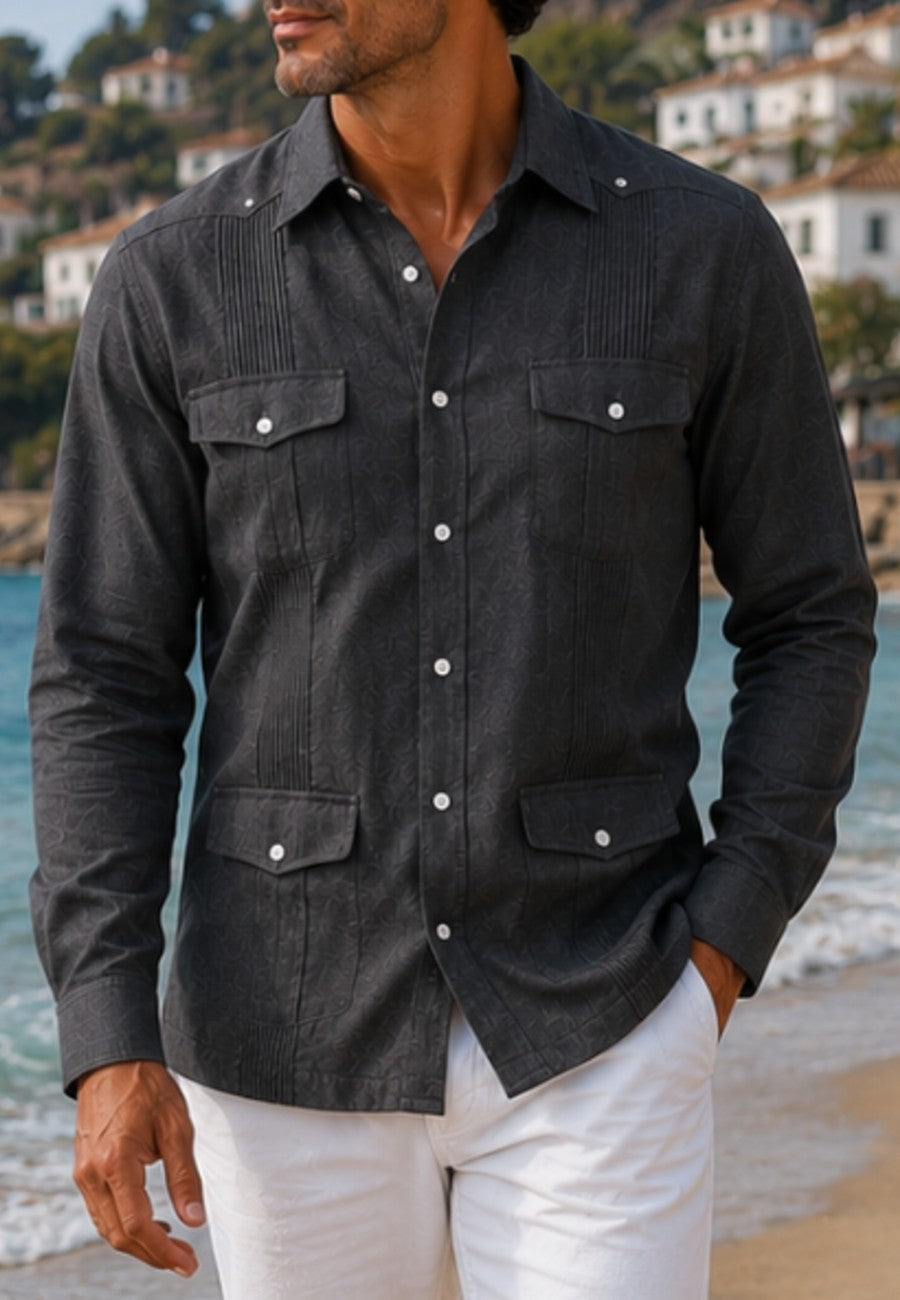 Camisa guayabera de sastrería en lino color gris marengo - hasta la talla 3XL