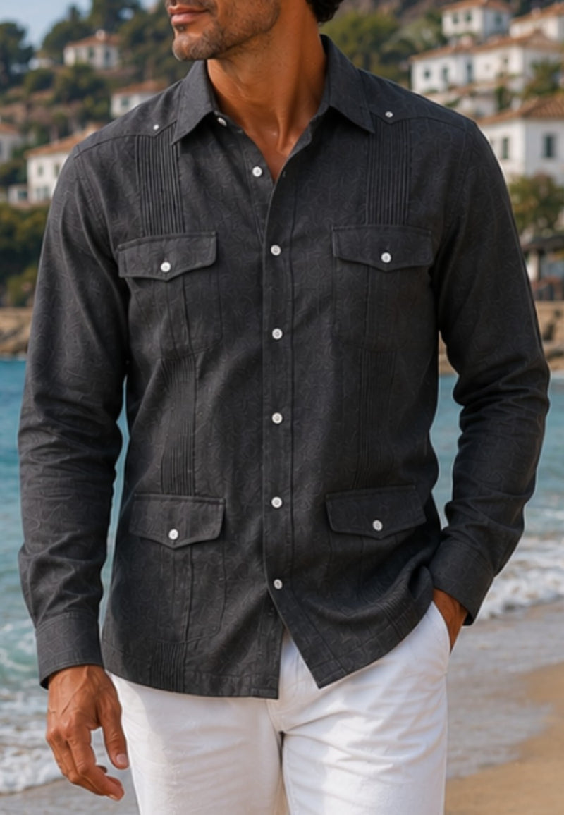 Camisa guayabera de sastrería en lino color gris marengo - hasta la talla 3XL