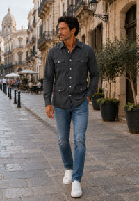Camisa guayabera de sastrería en lino color gris marengo - hasta la talla 3XL