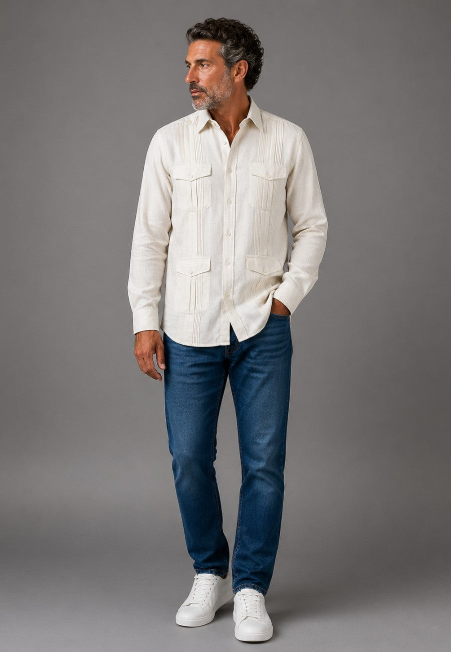 Camisa guayabera de sastrería en lino color hueso - hasta la talla 4XL