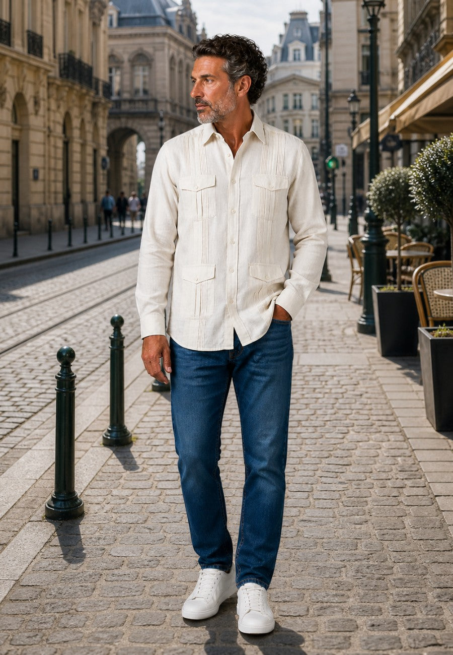 Camisa guayabera de sastrería en lino color hueso - hasta la talla 4XL