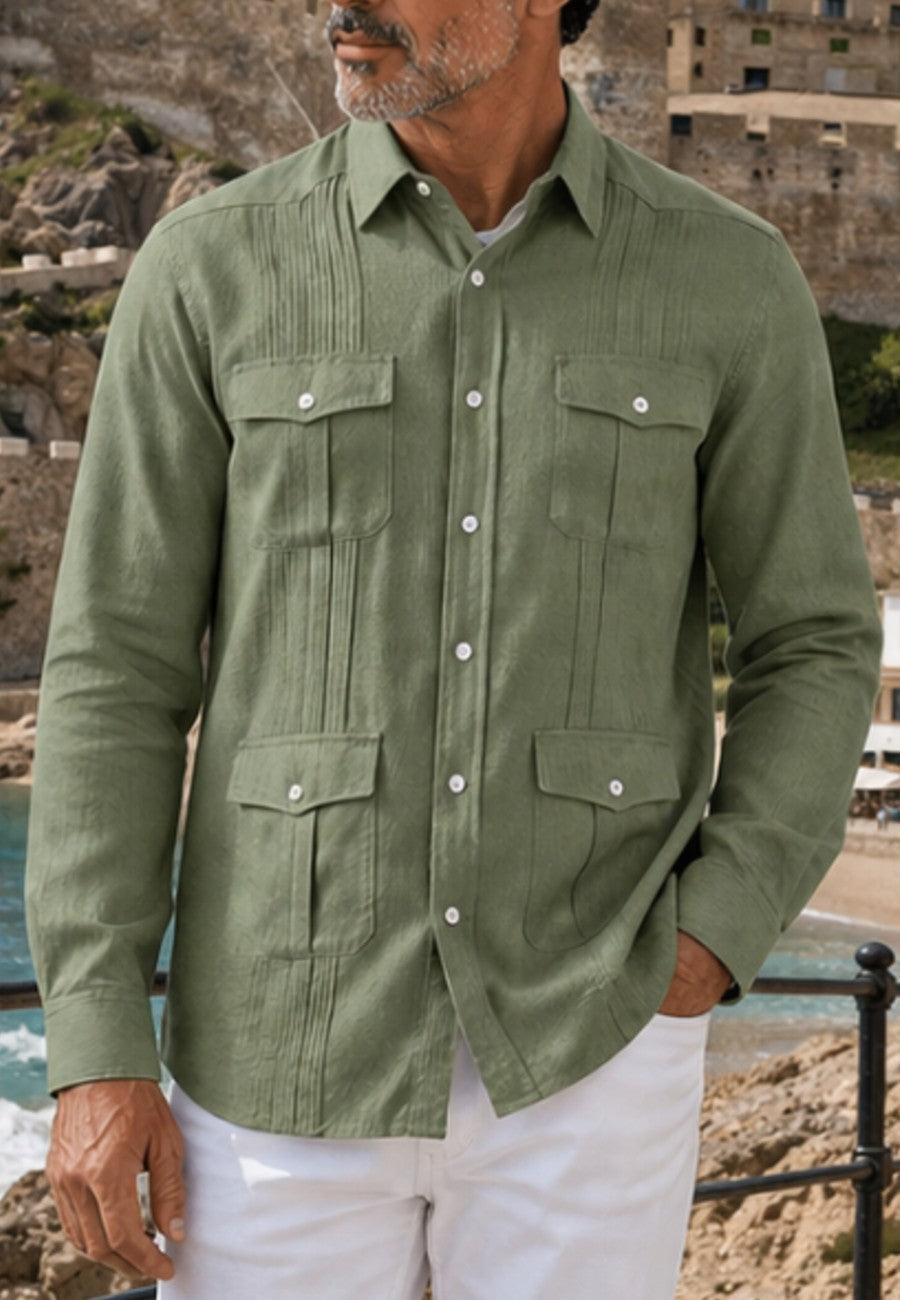 Camisa guayabera de sastrería en lino color kaki - hasta la talla 6XL