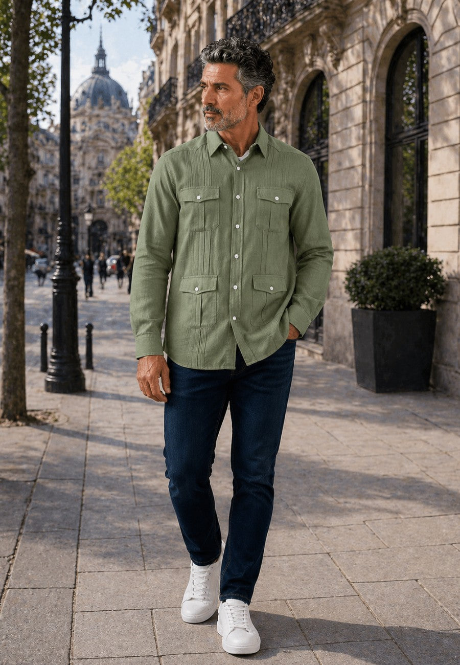 Camisa guayabera de sastrería en lino color kaki - hasta la talla 6XL