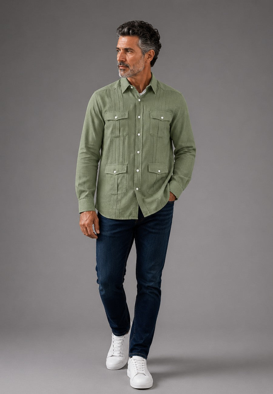 Camisa guayabera de sastrería en lino color kaki - hasta la talla 6XL