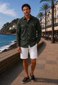 Camisa guayabera de sastrería en lino color verde marengo - hasta la talla 3XL
