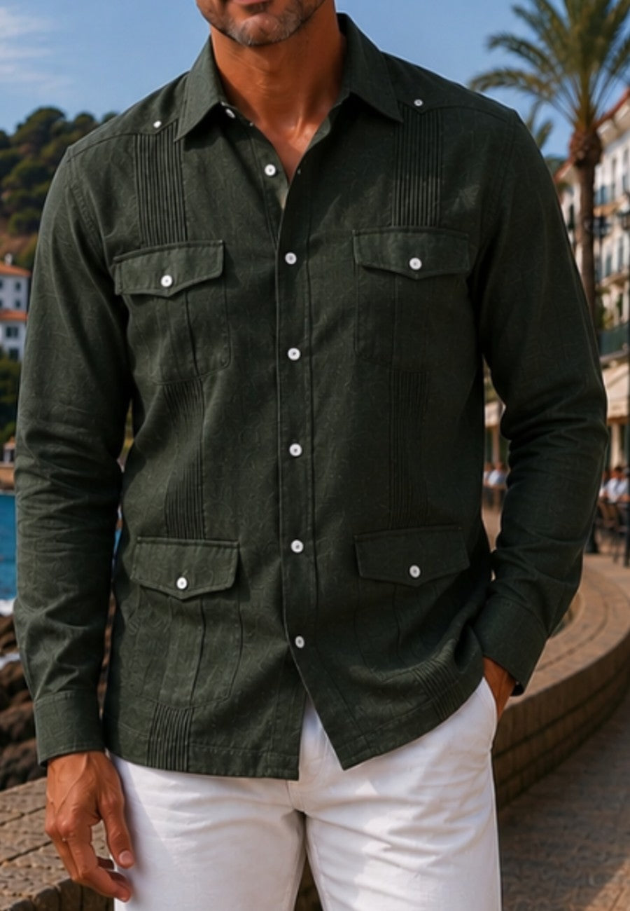 Camisa guayabera de sastrería en lino color verde marengo - hasta la talla 3XL