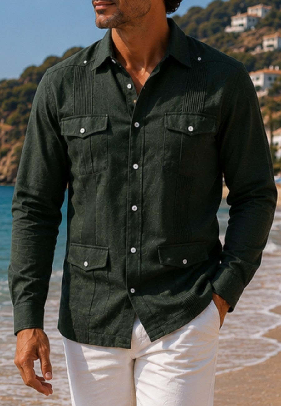 Camisa guayabera de sastrería en lino color verde marengo - hasta la talla 3XL