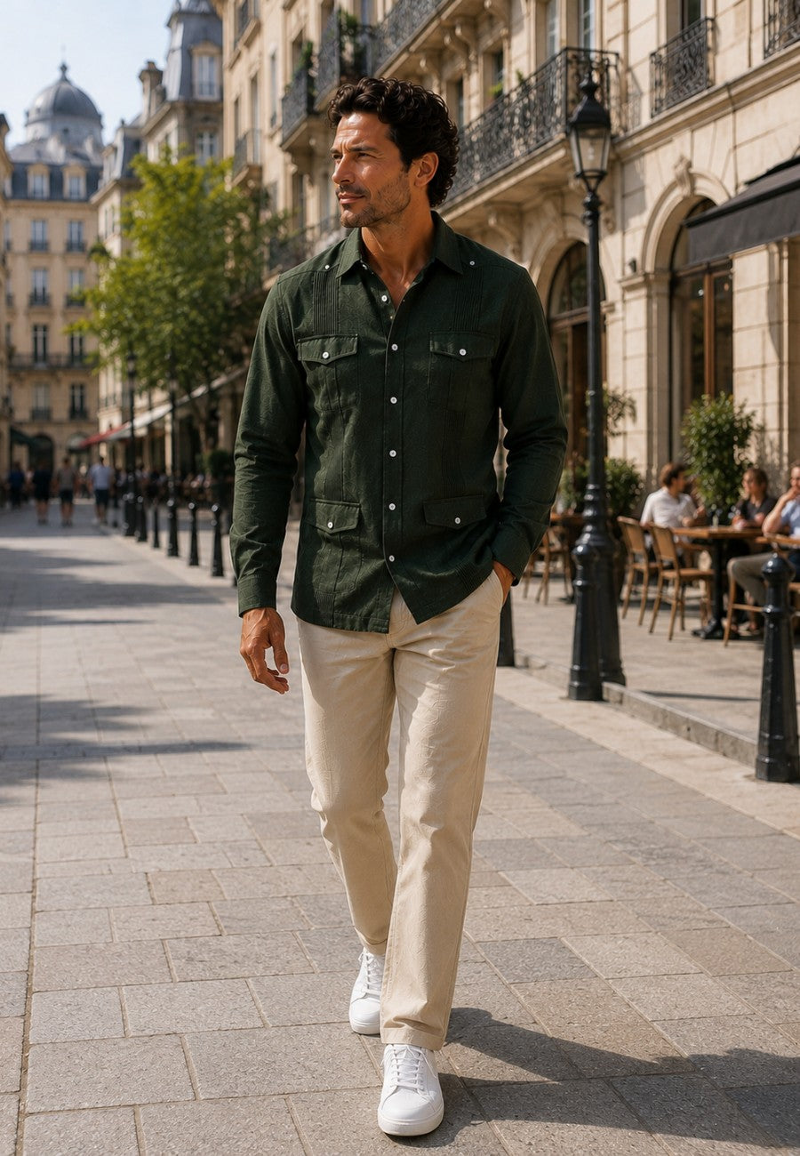 Camisa guayabera de sastrería en lino color verde marengo - hasta la talla 3XL