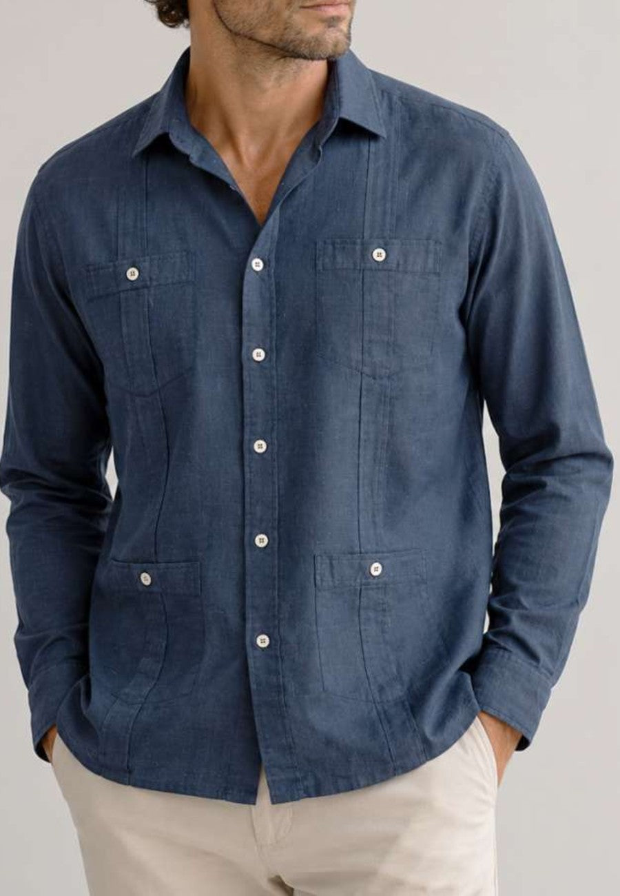 Camisa guayabera de sastrería en lino color azul marino - hasta la talla 4XL
