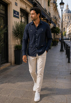 Camisa guayabera de sastrería en lino color azul marino - hasta la talla 4XL