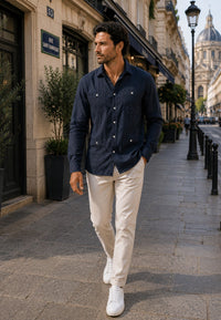 Camisa guayabera de sastrería en lino color azul marino - hasta la talla 4XL