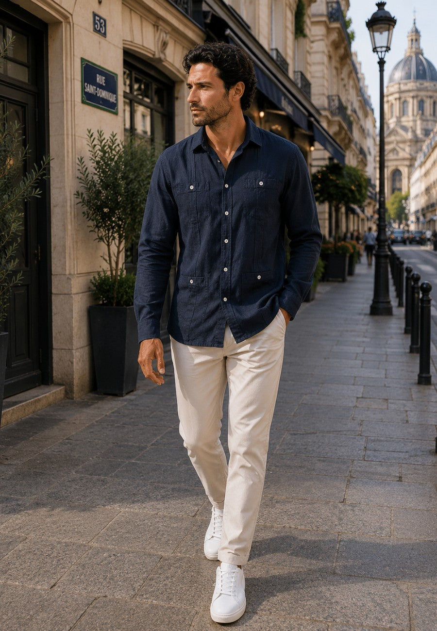 Camisa guayabera de sastrería en lino color azul marino - hasta la talla 4XL